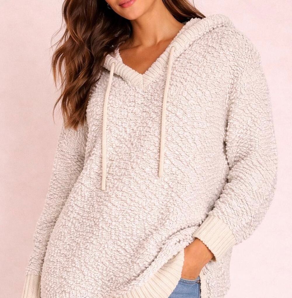 POL white popcorn sweater with hood size small